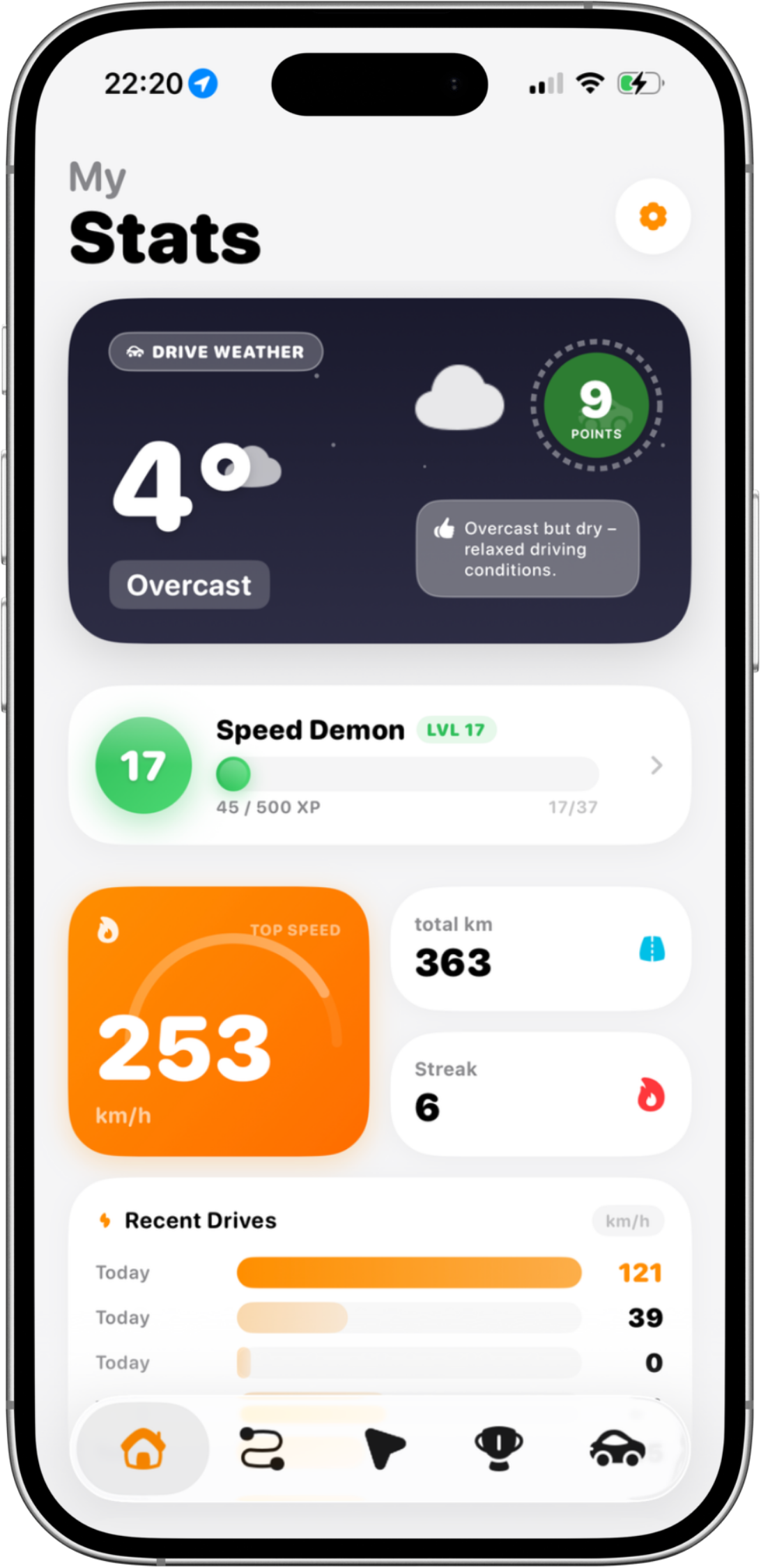 Rovy drive tracking app showing real-time speedometer and route map on iPhone